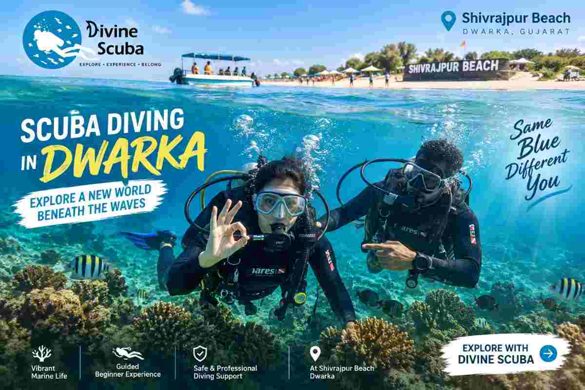 Scuba diving in Dwarka at Shivrajpur Beach with a beginner diver and instructor