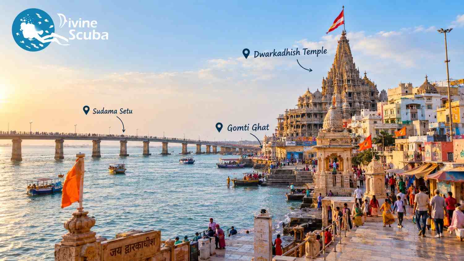 Dwarkadhish Temple Sudama Setu and Gomti Ghat in Dwarka Gujarat